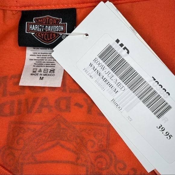 Harley Davidson Orange Short Sleeve Crew Neck T-shirt With Rhinestone Logo. Med. - Picture 12 of 13
